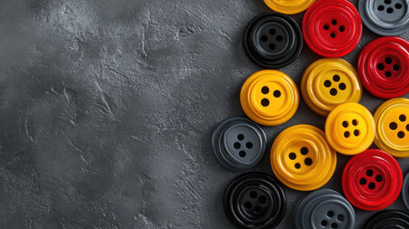 A vibrant collection of colorful buttons arranged on a textured gray background. Perfect for crafting projects, design inspiration, or playful decor.の素材