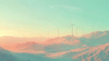 A serene landscape featuring wind turbines against a dreamy pastel sky at sunrise, highlighting the beauty of renewable energy and nature's tranquility.の素材