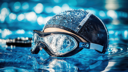 This image captures a striking close-up of swimming goggles and a cap, glistening with water droplets in a shimmering pool, evoking themes of focus and athleticism.の素材