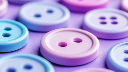 This image features a closeup of soft pastel colored buttons arranged beautifully on a vibrant purple background, ideal for sewing, crafting, and creative projects.の素材