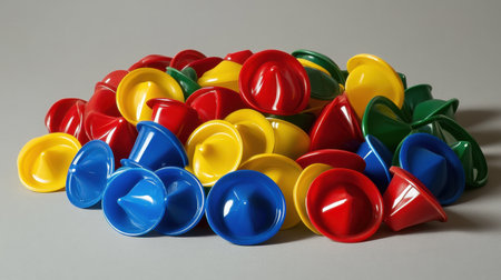 A vibrant and playful assortment of plastic cups in bright colors of red, yellow, blue, and green piled together. Perfect for children's activities.の素材