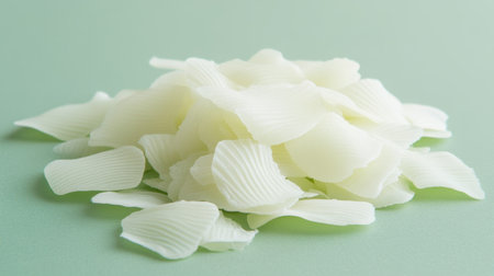 Delicate pile of white wax flakes arranged against a soft green background, perfect for showcasing crafting materials or DIY projects.の素材