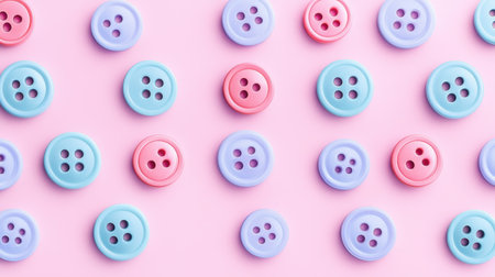 A vibrant arrangement of colorful buttons in various shades resting on a pink background. Perfect for crafting projects, sewing supplies, and artistic inspiration.の素材