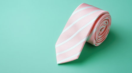 This image features an elegant pink tie with white stripes, artfully rolled against a soft mint background. Perfect for fashion-related content and accessory displays.の素材