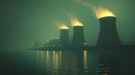 Captivating view of cooling towers at night, surrounded by mist, glowing with lights and reflecting on calm waters, evoking industrial beauty and power.の素材