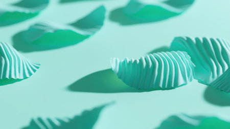 This image features a close-up view of textured aqua paper waves against a soft mint background, ideal for creative projects and artistic designs.の素材