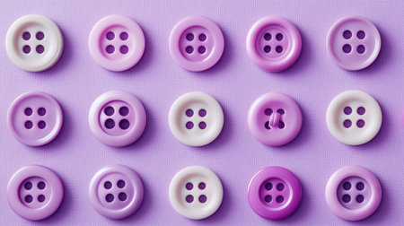 A vibrant collection of purple buttons arranged neatly on a textured background, perfect for craft projects, designs, and artistic endeavors.の素材