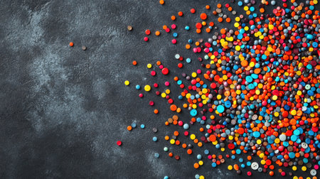 A striking arrangement of colorful buttons and tiny discs scattered on a dark textured surface, perfect for showcasing creativity and design in crafting projects.の素材