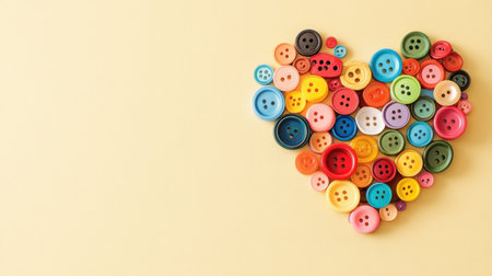 A vibrant heart shape made from assorted buttons rests on a solid yellow background, evoking creativity and joy for crafting projects and artistic endeavors.の素材