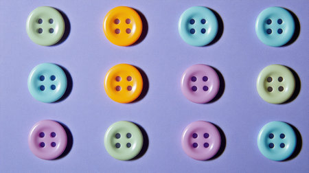 A vibrant arrangement of colorful buttons displayed on a soft purple background. Perfect for sewing, crafting, or artistic projects. Ideal for creative inspiration.の素材