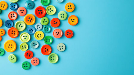 A vibrant collection of buttons in various colors and sizes arranged on a bright blue background, perfect for creative projects and crafting inspiration.の素材