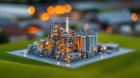 This stunning miniature model of a chemical plant features illuminated machinery against a soft bokeh background. The intricate details of the structures highlight the industrial design, making it ideal for showcasing technology and engineering themes.の素材
