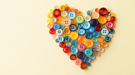 A vibrant heart shape formed from assorted buttons on a light yellow background, ideal for craft and design projects that celebrate creativity and love.の素材