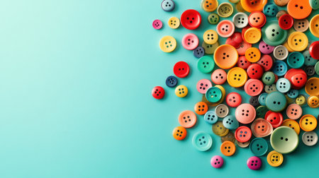 A vibrant array of colorful buttons displayed on a bright turquoise background, perfect for inspiration in crafting, sewing, and design projects.の素材