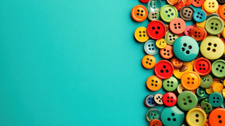 This image showcases a collection of colorful buttons in various sizes and shapes, artfully arranged on a bright turquoise background, perfect for inspiration in sewing and craft projects.の素材