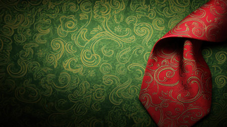 This image features an elegant red tie with an intricate pattern, beautifully positioned against a rich green background. Perfect for fashion-forward projects.の素材