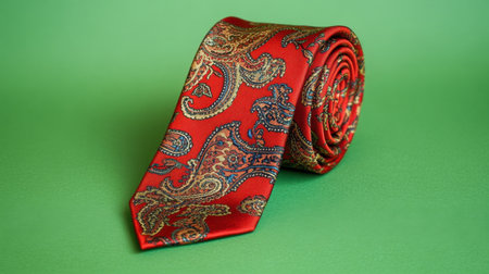 This elegant red tie features a beautifully intricate paisley pattern, perfect for enhancing formal and business attire with a touch of sophistication.の素材