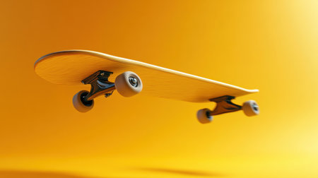 A skateboard captured mid-air against a vibrant yellow background, showcasing its sleek design and wheels. This image embodies energy, movement, and youth culture.の素材