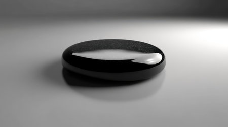 This image features a smooth black stone resting on a reflective surface, illuminated by soft light that enhances its elegant form, perfect for showcasing tranquility and minimalism.の素材