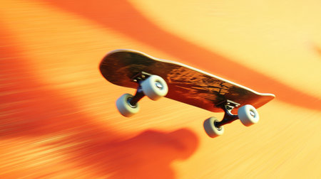 A skateboard captured mid-air against a striking orange backdrop, conveying the excitement and energy of urban sports. This dynamic image showcases youthful spirit and creativity.の素材