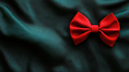 A striking red bow rests gracefully on a dark fabric background, creating a visual contrast perfect for holiday themes, fashion shoots, or gift presentations.の素材