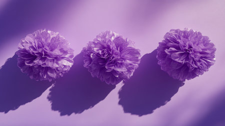 This image showcases three vibrant purple paper flowers arranged stylishly on a soft purple background, enhancing a sense of creativity and elegance.の素材