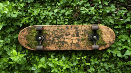 An old skateboard with a weathered wooden surface and patches of moss rests atop lush green foliage, showcasing a blend of nature and urban culture.の素材