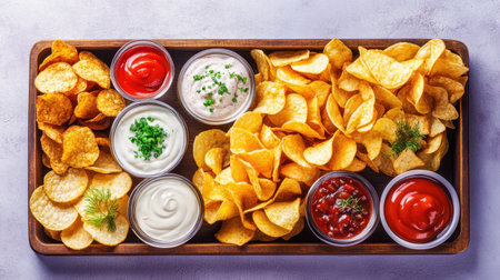 A wooden tray filled with various potato chips and delicious dips, including ketchup, creamy sauces, and salsa, perfect for snacks and gatherings.の素材