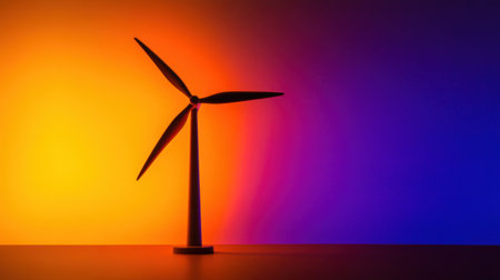 This captivating image features a wind turbine silhouette against a vibrant gradient background in shades of orange and blue, symbolizing renewable energy.の素材