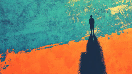A striking silhouette of a person stands alone against a vibrant abstract background in orange and blue. This artwork symbolizes solitude and introspection, evoking deep emotional connections. Ideal for themes of creativity, inspiration, and self-discovery.の素材