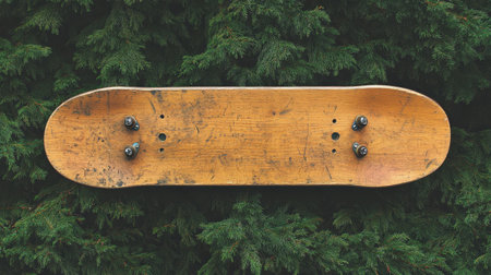 A vintage wooden skateboard lies against a lush green evergreen background, showcasing a blend of urban culture and natural elements perfect for artistic projects.の素材