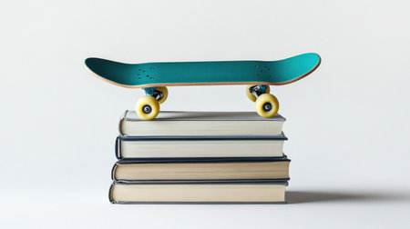A skateboard is elegantly balanced on a stack of books, creating a striking visual representation of creativity and youth culture in both education and leisure activities.の素材