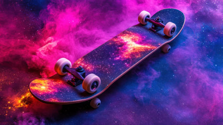 A visually striking skateboard featuring a cosmic design with vivid pink and purple hues, set against a dreamy nebula background, symbolizing adventure.の素材
