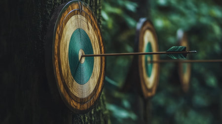 Close-up features of wooden archery targets set against a lush green backdrop, highlighting the intense focus and precision required in the sport of archery.の素材