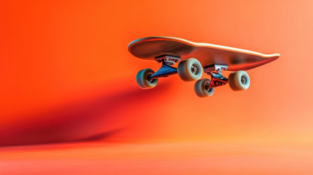A skateboard leaps into the air against a striking orange background, capturing the essence of sport and creativity. This image embodies energy and excitement.の素材