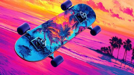 A vibrant skateboard featuring an artistic palm tree design lingers dynamically against a colorful sunset backdrop, capturing the essence of summer fun.の素材