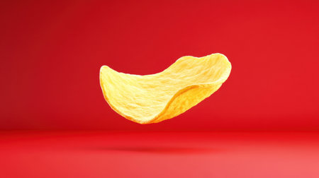 A single, crispy potato chip is captured in mid-air, showcasing its light texture against a bold red backdrop. This image embodies snack indulgence and vibrant presentation.の素材