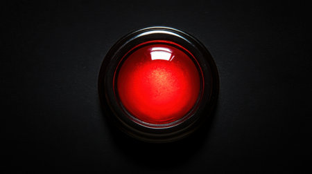 A striking glossy red button prominently displayed against a dark surface, symbolizing alertness and action in a minimalist design ideal for technology themes.の素材