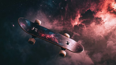 A stunning skateboard drifts through a vibrant cosmic backdrop, featuring colorful nebulae and twinkling stars, evoking feelings of adventure and imagination.の素材