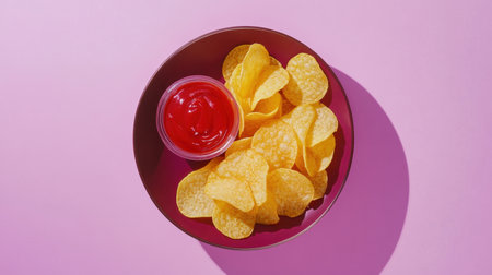 A vibrant arrangement of crispy potato chips served in a bowl with a portion of bright red ketchup, set against a playful pink background for a fun snack.の素材