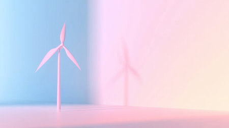 This image features a minimalistic wind turbine rendered in soft pastel colors, casting subtle shadows. It captures the essence of renewable energy with a modern artistic touch.の素材