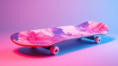 A vibrant skateboard featuring a stunning floral design, showcasing a blend of pink and blue hues against a stylish background, perfect for urban sports.の素材