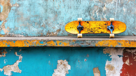 A skateboard rests against a vibrant urban wall, showcasing stunning colors and peeling paint. This image captures the essence of youth culture, creativity, and city life.の素材