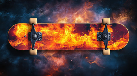 This striking skateboard design features fiery flames against a cosmic backdrop, blending urban culture and artistic flair for dynamic visuals.の素材