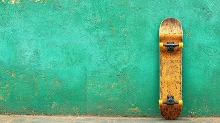 A vintage skateboard rests against a vividly green wall, blending urban charm with artistic textures, perfect for creative projects or lifestyle imagery.の素材