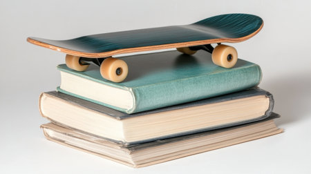 A skateboard rests on a stack of colorful books, creating a visual metaphor for the fusion of education and youthful passion, ideal for creative projects.の素材