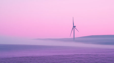 This serene image captures a wind turbine standing tall against a stunning lavender field at sunset, enveloped in a gentle fog. The pastel hues create a peaceful atmosphere.の素材
