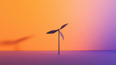 A striking minimalist image featuring a wind turbine model against a vibrant gradient background of orange and purple. The elegant design showcases renewable energy concepts.の素材
