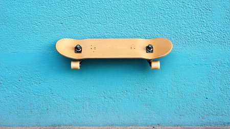 A striking golden skateboard mounted against a vibrant blue wall, showcasing a minimalist design ideal for urban lifestyle themes and creative projects.の素材
