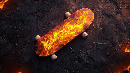 A striking skateboard featuring a fiery flames design against a dark textured surface, embodying energy and creativity, perfect for youth and sport themes.の素材